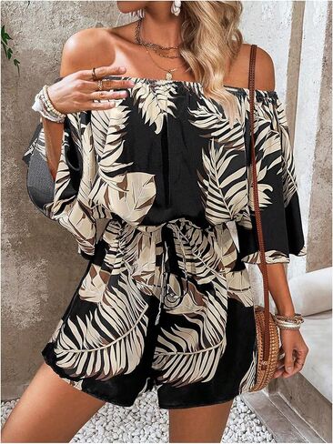 SHENHE Women's Off Shoulder Flutter Sleeve Boho Tropical Romper Short Jumpsuit Playsuit in Saudi Arabia