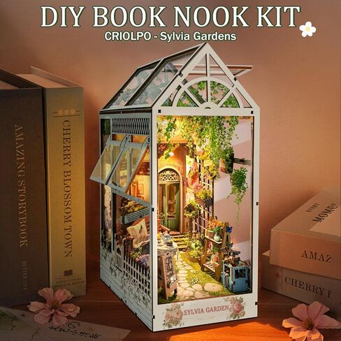 CRIOLPO Book Nook Kit - مجموعة ألغاز خشبية ثلاثية الأبعاد - بيت الدمى المصغر للبالغين والمراهقين، يتميز بأضواء استشعار LED لديكور رف الكتب الساحر (غرفة الزهور) in Saudi Arabia