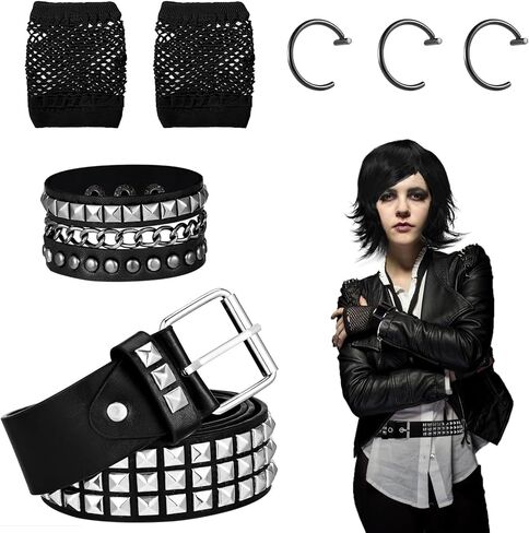 Kavoc 7 Pcs Emo Costume Set Include Black Emo Wig Gloves Punk Belt Bracelet Fake Piercings for Men Women Halloween Dress Up in Saudi Arabia