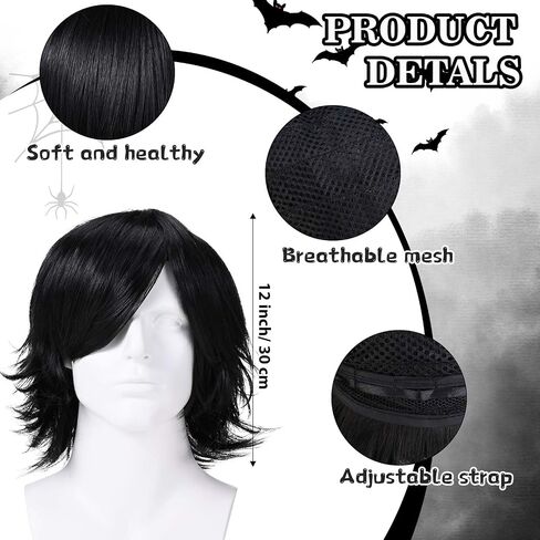 Kavoc 7 Pcs Emo Costume Set Include Black Emo Wig Gloves Punk Belt Bracelet Fake Piercings for Men Women Halloween Dress Up in Saudi Arabia