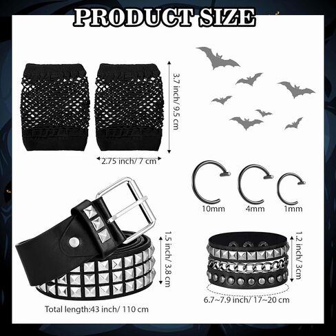 Kavoc 7 Pcs Emo Costume Set Include Black Emo Wig Gloves Punk Belt Bracelet Fake Piercings for Men Women Halloween Dress Up in Saudi Arabia
