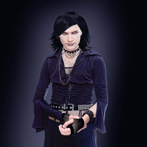Kavoc 7 Pcs Emo Costume Set Include Black Emo Wig Gloves Punk Belt Bracelet Fake Piercings for Men Women Halloween Dress Up in Saudi Arabia