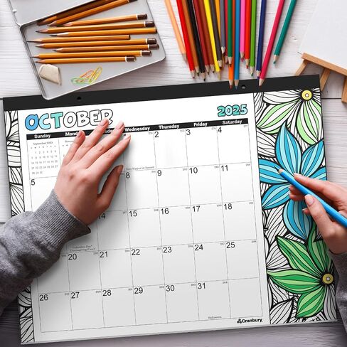 CRANBURY Coloring Desk Calendar 2026, 13.25x17" Doodle Deskpad Calendar or Large Hanging Wall Planner, Includes Planner Stickers, 14 Months, Use Nov 2025 to Dec 2026 in Saudi Arabia