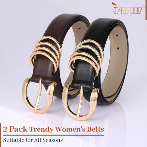 JASGOOD 2 Pack Women's Leather Belts for Jeans Pants Adjustable Fashion Ladies Dress Belts with Gold Buckle in Saudi Arabia