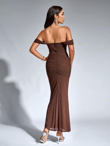 KUTUMAI Off The Shoulder Maxi Long Dress Corset Ruched Bodycon Formal Wedding Guest Dresses for Women in Saudi Arabia