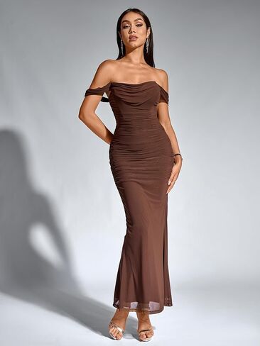KUTUMAI Off The Shoulder Maxi Long Dress Corset Ruched Bodycon Formal Wedding Guest Dresses for Women in Saudi Arabia