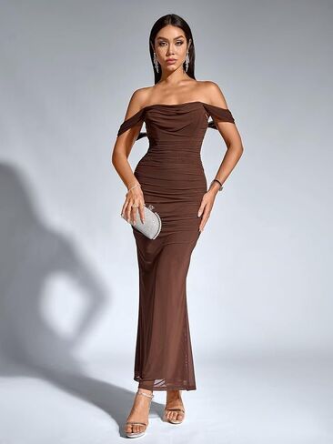 KUTUMAI Off The Shoulder Maxi Long Dress Corset Ruched Bodycon Formal Wedding Guest Dresses for Women in Saudi Arabia