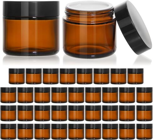 KEYWING 2oz Small Glass Jars, 35 Pack Amber Glass Cosmetic Jars with Black Lids, Round Sample Container with Inner Liners for Cream, Lotions, Powders and Ointments in Saudi Arabia