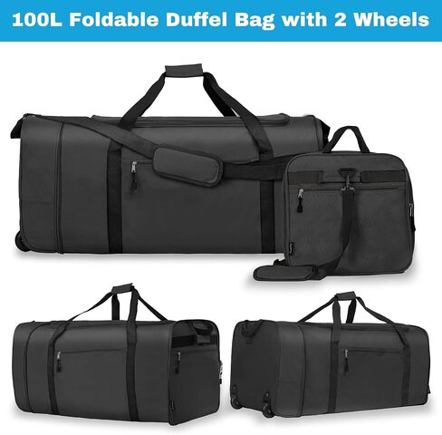 Finnhomy 100L Foldable Rolling Duffel Bag with 2 Wheels, Light Weight Travel Duffel bag with Large Loading Capacity, 32 inch Rolling Duffel bag with Shoulder Strap for Travel Camping Sports, black in Saudi Arabia