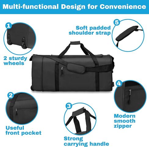 Finnhomy 100L Foldable Rolling Duffel Bag with 2 Wheels, Light Weight Travel Duffel bag with Large Loading Capacity, 32 inch Rolling Duffel bag with Shoulder Strap for Travel Camping Sports, black in Saudi Arabia