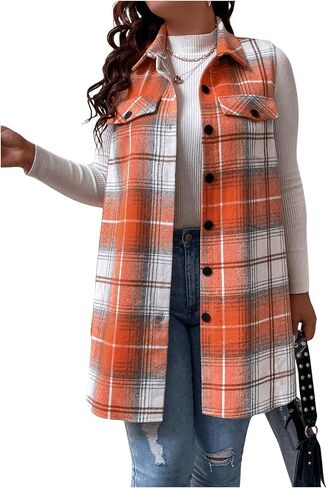 MakeMeChic Women's Plus Size Outwear Vest Top Plaid Tweed Jacket Button Down Shirt in Saudi Arabia