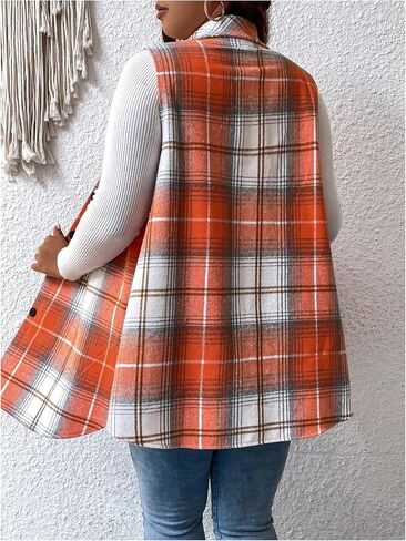 MakeMeChic Women's Plus Size Outwear Vest Top Plaid Tweed Jacket Button Down Shirt in Saudi Arabia