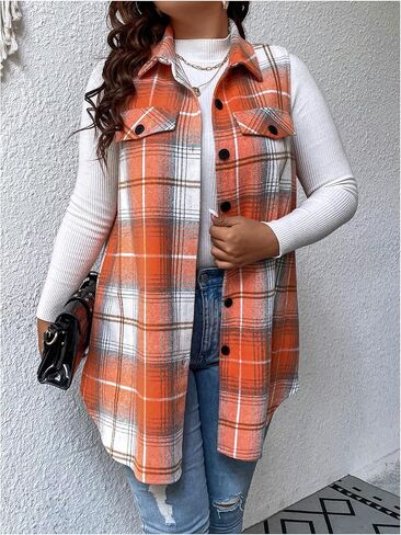 MakeMeChic Women's Plus Size Outwear Vest Top Plaid Tweed Jacket Button Down Shirt in Saudi Arabia