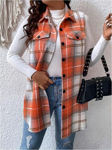 MakeMeChic Women's Plus Size Outwear Vest Top Plaid Tweed Jacket Button Down Shirt in Saudi Arabia