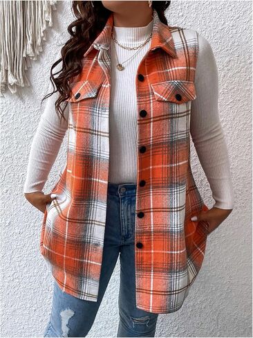 MakeMeChic Women's Plus Size Outwear Vest Top Plaid Tweed Jacket Button Down Shirt in Saudi Arabia