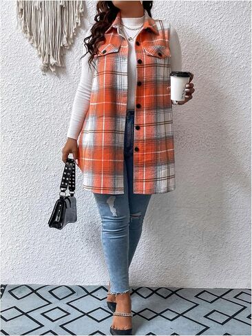 MakeMeChic Women's Plus Size Outwear Vest Top Plaid Tweed Jacket Button Down Shirt in Saudi Arabia