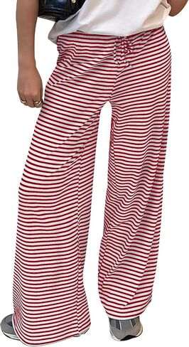Trendy Queen Womens Striped Ribbed Wide Leg Pants Casual Drawstring Elastic Waist Baggy Sweatpants with Pockets in Saudi Arabia
