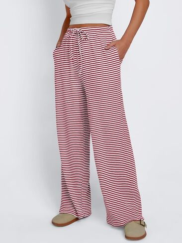 Trendy Queen Womens Striped Ribbed Wide Leg Pants Casual Drawstring Elastic Waist Baggy Sweatpants with Pockets in Saudi Arabia
