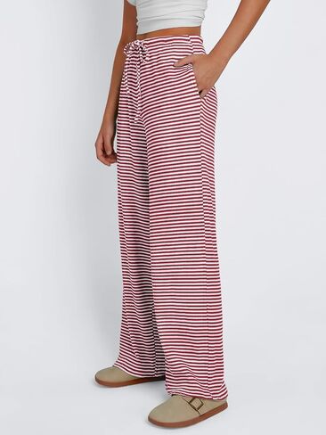 Trendy Queen Womens Striped Ribbed Wide Leg Pants Casual Drawstring Elastic Waist Baggy Sweatpants with Pockets in Saudi Arabia