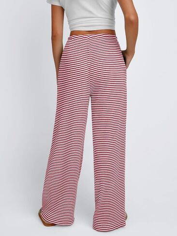 Trendy Queen Womens Striped Ribbed Wide Leg Pants Casual Drawstring Elastic Waist Baggy Sweatpants with Pockets in Saudi Arabia