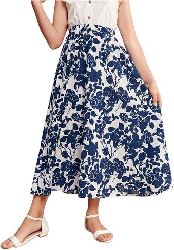 Milumia Girl's Floral Print High Elastic Waist A Line Maxi Skirt Dark Blue 10 Years in Saudi Arabia