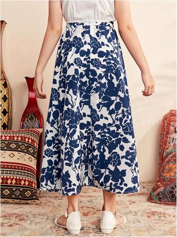Milumia Girl's Floral Print High Elastic Waist A Line Maxi Skirt Dark Blue 10 Years in Saudi Arabia