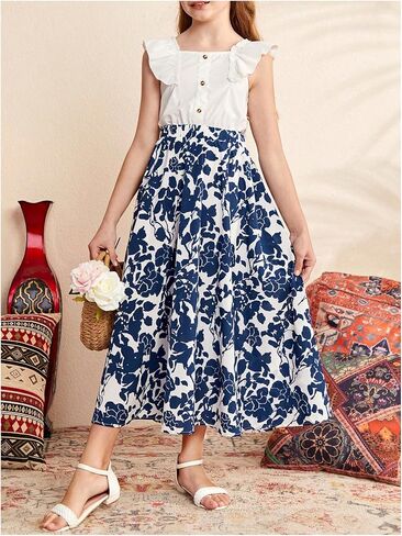 Milumia Girl's Floral Print High Elastic Waist A Line Maxi Skirt Dark Blue 10 Years in Saudi Arabia