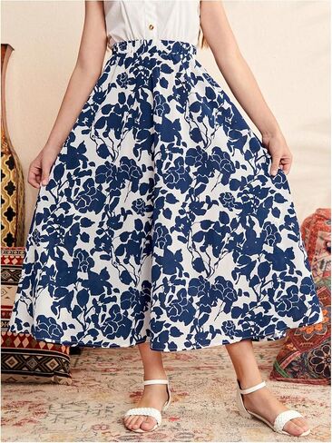 Milumia Girl's Floral Print High Elastic Waist A Line Maxi Skirt Dark Blue 10 Years in Saudi Arabia