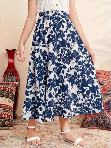 Milumia Girl's Floral Print High Elastic Waist A Line Maxi Skirt Dark Blue 10 Years in Saudi Arabia