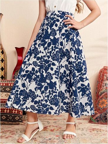 Milumia Girl's Floral Print High Elastic Waist A Line Maxi Skirt Dark Blue 10 Years in Saudi Arabia