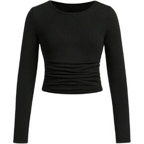 SOLY HUX Girl's Round Neck Long Sleeve Ruched T Shirt Crop Tops Slim Fit Solid Tee