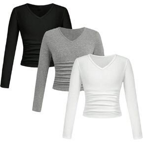 SOLY HUX Girl's Ruched Long Sleeve Shirts 3 Packs V Neck Basic Spring Fall T-Shirts Tops