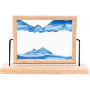 Moving Sand Art Liquid Motion w/ Air Injector - Wooden Sand Art Pictures - Rectangular Glass Frame Sand Painting - Swivel Base Sandscape - Calming Office Decor for Living Room, Bedroom, Kitchen - Blue