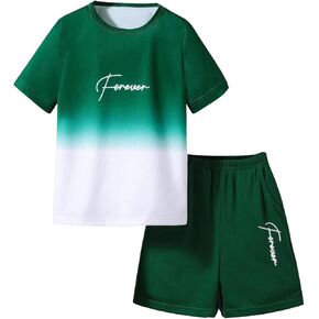 SweatyRocks Boy's 2 Piece Outfits Letter Print Ombre Print Crew Neck T Shirt and Shorts Set
