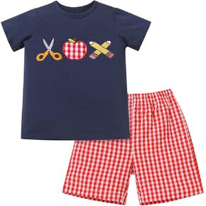 OBEEII Back to School Outfit Toddler Boy Short Sleeve Graphic Shirt Gingham Shorts First Day of School Summer Clothing Set