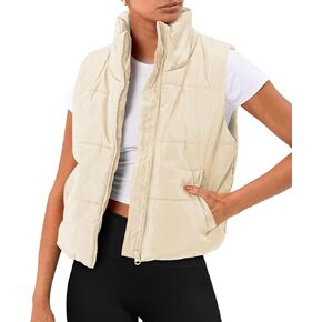 Wsirmet Puffer Vest Women Sleeveless Winter Cropped Outerwear Warm Puffer Lightweight Stand-up Collar Down With Pockets
