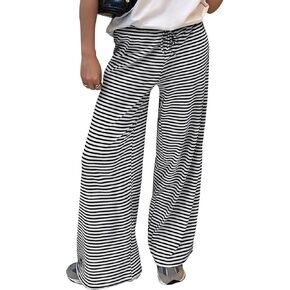 Trendy Queen Womens Striped Ribbed Wide Leg Pants Casual Drawstring Elastic Waist Baggy Sweatpants with Pockets
