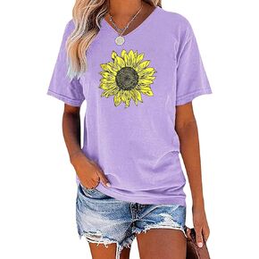 EADINVE Women's Short Sleeve V Neck Sunflower Graphic Printed Summer Tee Vintage T Shirt Cotton Tops Novelty Cool Shirt