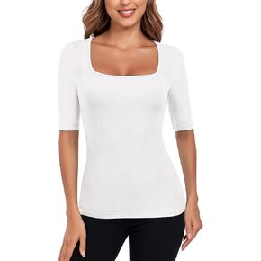 Soneven Womens Half Sleeve Scoop Neck Ribbed Knit Fitted Casual Tops Ladies 2024 Fall Slim Basic Shirts