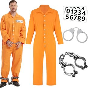 ZeroShop Halloween Costume for Men Prisoner Jumpsuit Jail Convict Jailbird Orange Outfit and Accessories