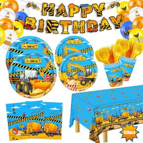 Construction Birthday Plates Construction Birthday Party Supplies 138pcs Construction Birthday Decorations Includes Construction Tablecloth Cups Napkins and Banner for Boys Kids, Serves 24 Guests