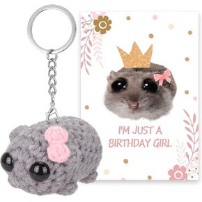 FunisFun Tiktok Sad Hamster Meme Plush, Cute Crochet Sad Hamster Meme Bow Keychain with Affirmation Card for Women Girls Birthday Gifts Décor