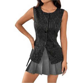 SweatyRocks Women's Split Button Down Blazer Vest Crewneck Sleeveless Suit Vest Jackets