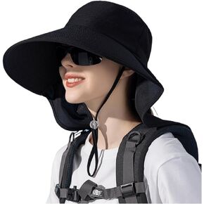 Womens Wide Brim Sun Hat with Neck Flap Outdoor UV Protection Hat UPF50+ Foldable Ponytail Bucket Cap