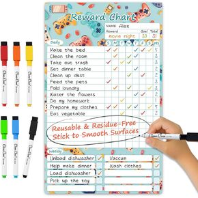 Clever Clean Dry Erase Chores Chart for Kids, Reusable Reward Chart Chart, Non-Magnetic Kids Chore Board Clings to Any Smooth Surfaces, 6 Whiteboard Markers Included (Rainbow)