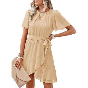 Dokotoo Womens Summer Dresses 2024 Crewneck Short Sleeve Waist Tie Ruffle Casual Chiffon A-Line Swing Mini Dress