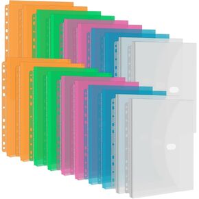 YoeeJob 20 Packs 11 Holes Expandable Envelope Binders Pocket Insert with Hook and Loop for Protection and Storage, Letter Size Plastic Envelopes Suitable for School and Office(Transparent)