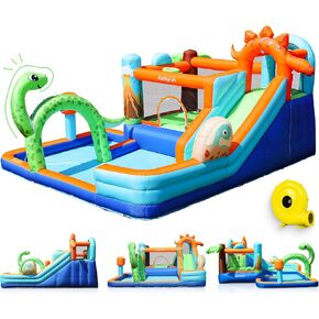 AirMyFun Dinosaur Inflatable Water Slide Bounce House for Big Kids 8-12, Water Bounce House for Kids Backyard with Blower | Boxing Ring, Rock Climbing Wall, Spacious Splash Zone - Includes Repair kit