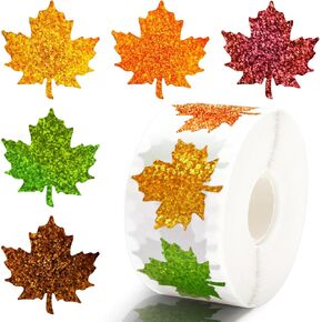 1000Pcs Fall Thanksgiving Stickers 5 Colors Maple Leaf Decals Holographic Self Adhesive Label Stickers Roll for Autumn Party Cards Seal Envelopes Supplies