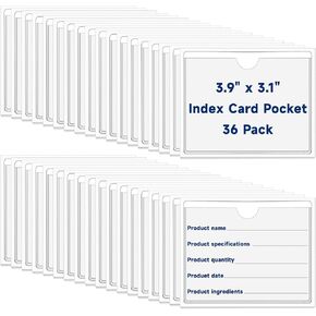 36Pcs 3.1" x 3.9" Index Card Pockets, Clear Adhesive Pocket Sleeves with Top Open for Loading, Plastic Label Holders for Organizing Storage Bins, Library Cards, Shelves